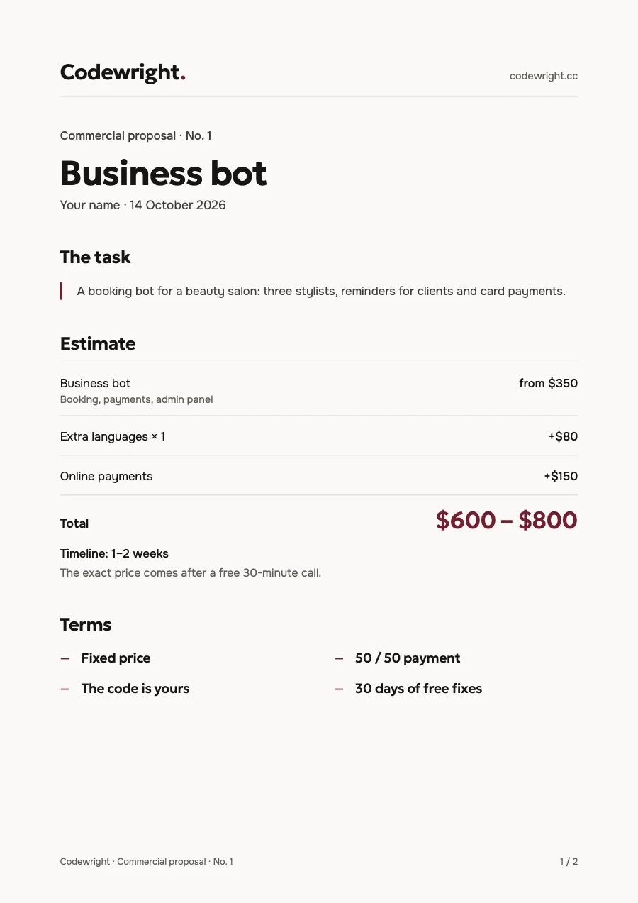 A sample proposal the bot sends to a client