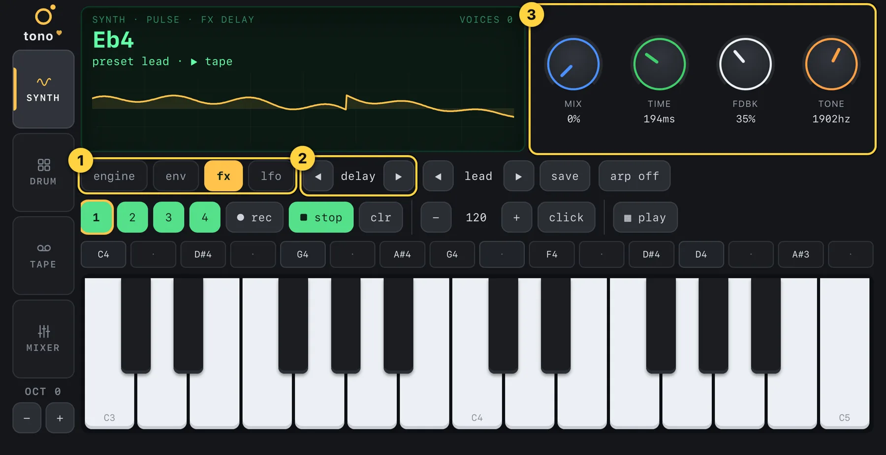 The fx page with the delay effect
