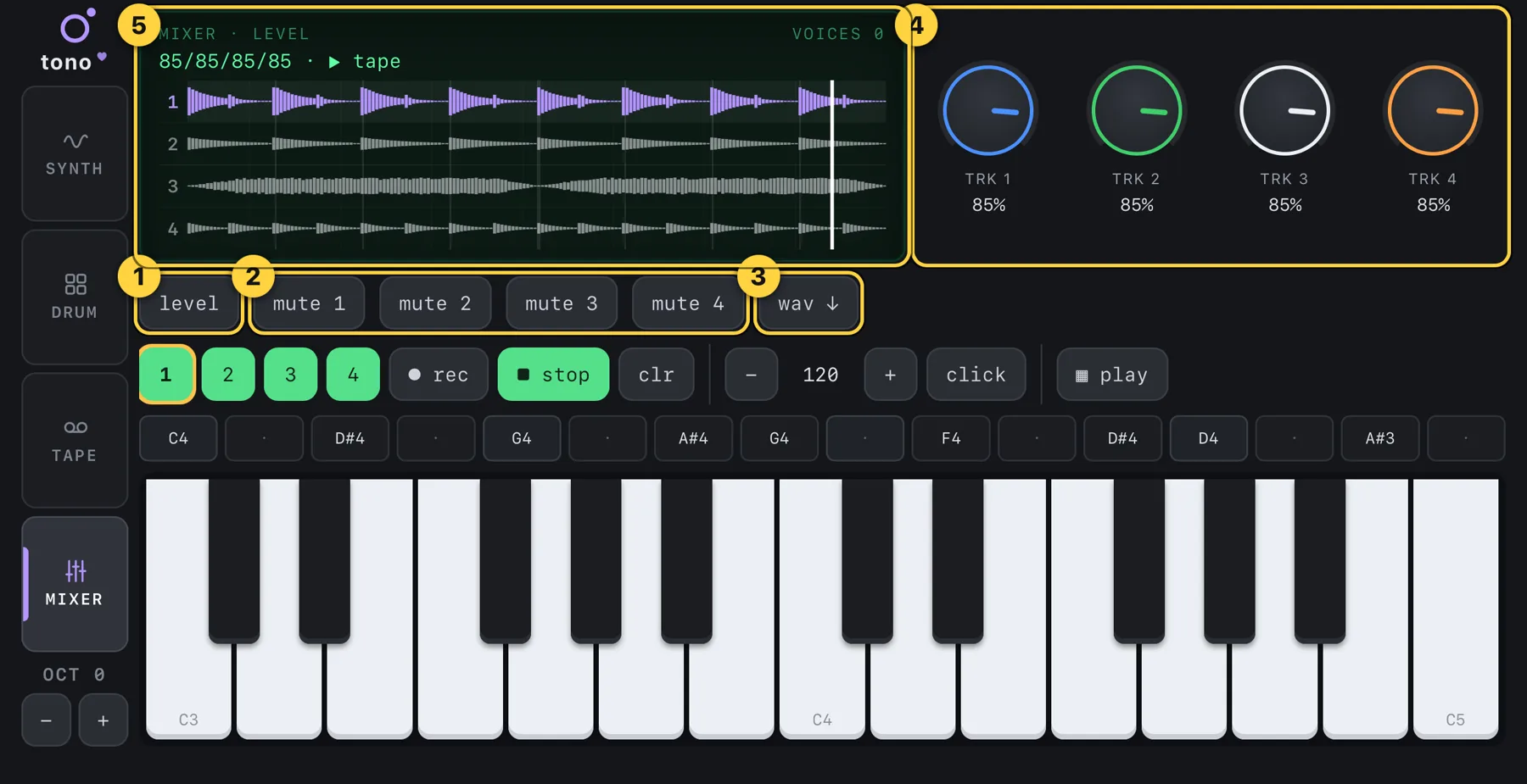Mixer with levels, mute buttons and export