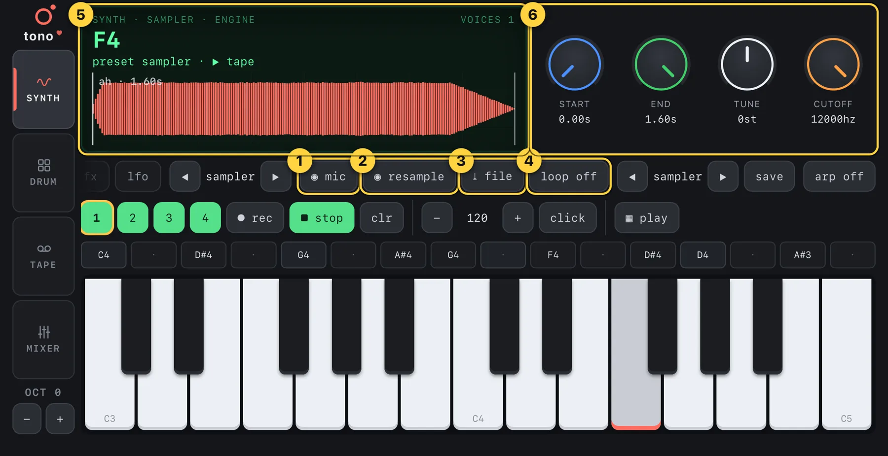 Sampler engine with its buttons and waveform