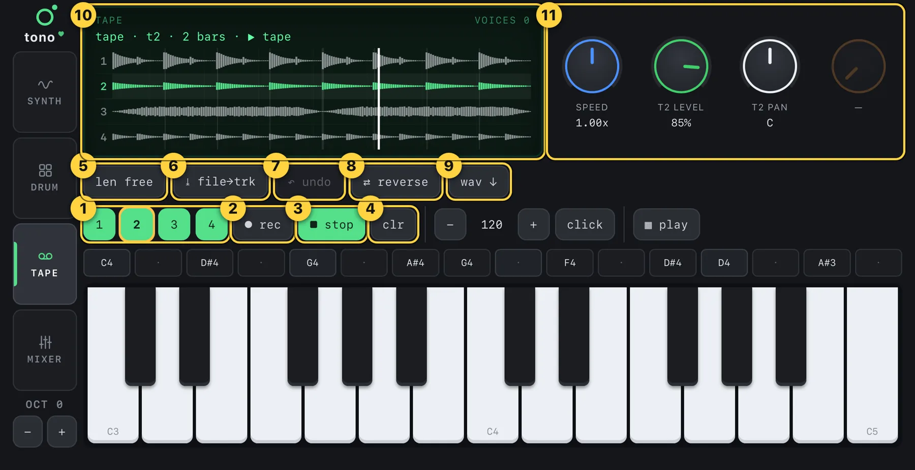 Tape mode with numbered controls